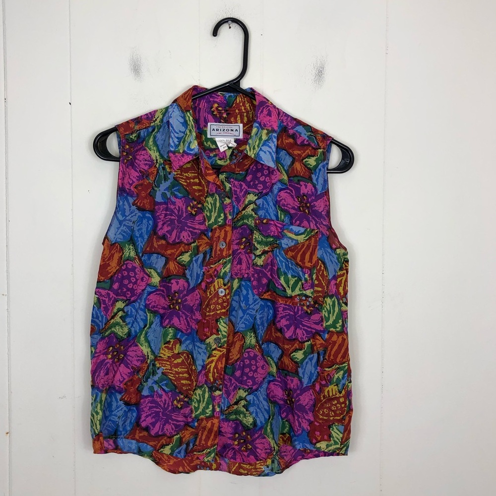 Vintage Hawaiian Floral Silk Button Down Blouse Sz M
